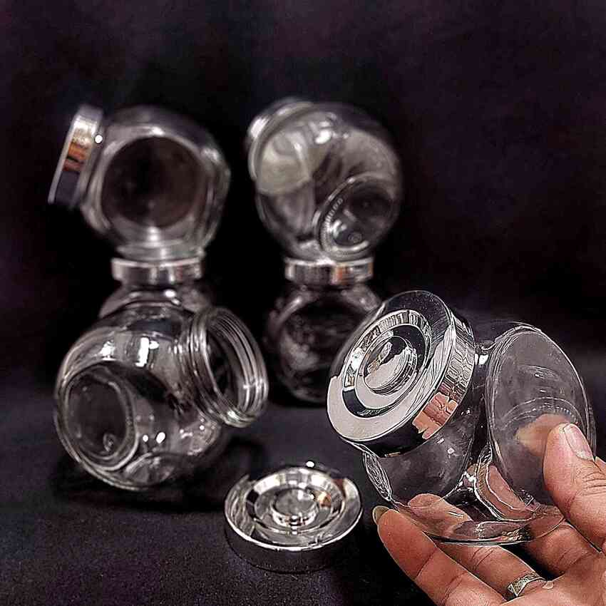 Hũ đựng gia vị đẹp 380ml mẫu Tròn Dẹt kiểu Nghiêng 2 đáy - Nắp nhựa màu bạc - Hũ thủy tinh đựng mứt kẹo, mật ong, sữa ong chúa, thực phẩm, mỹ phẩm