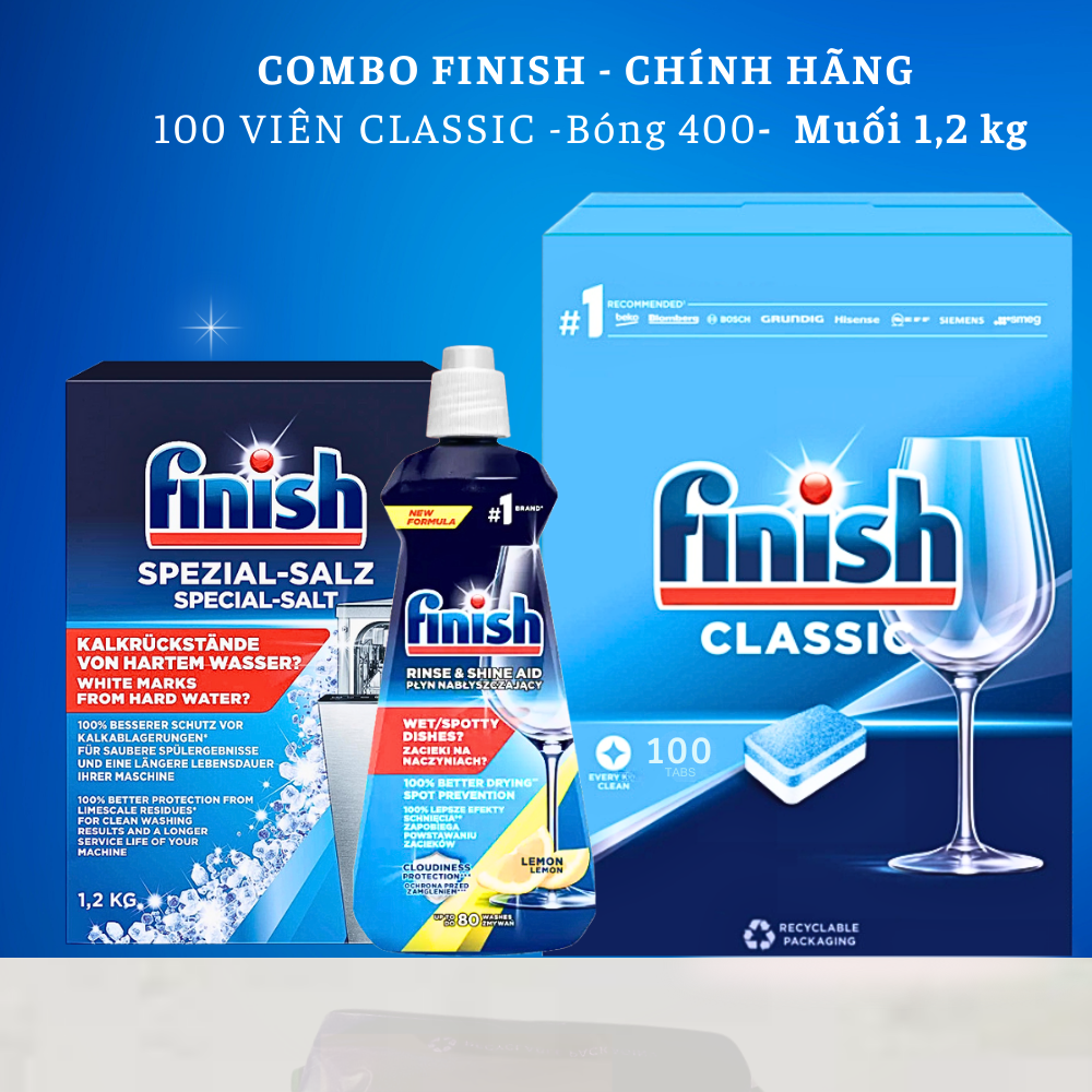 Hình ảnh Combo Viên rửa bát Finish Classic 100 viên + Muối Finish 1.2kg + Nước làm bóng Finish 400ml