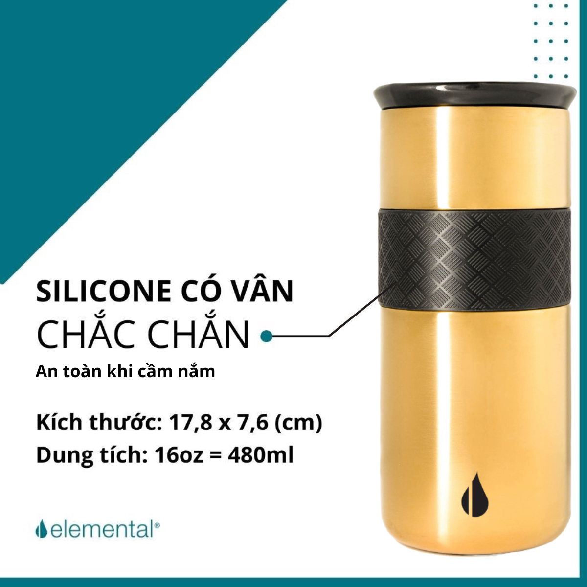 Ly giữ nhiệt Artisan Elemental 480ml màu xanh vàng gold, giữ nhiệt vượt trội, inox 304, FDA Hoa Kỳ, nắp sứ sang trọng