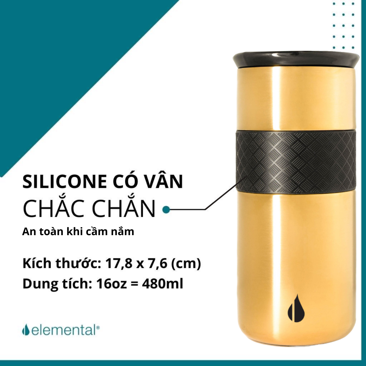 [ Hàng chính hãng – Thương hiệu Mỹ] Ly giữ nhiệt Artisan Elemental 480ml màu xanh vàng gold, giữ nhiệt vượt trội, inox 304, FDA Hoa Kỳ, nắp sứ sang trọng