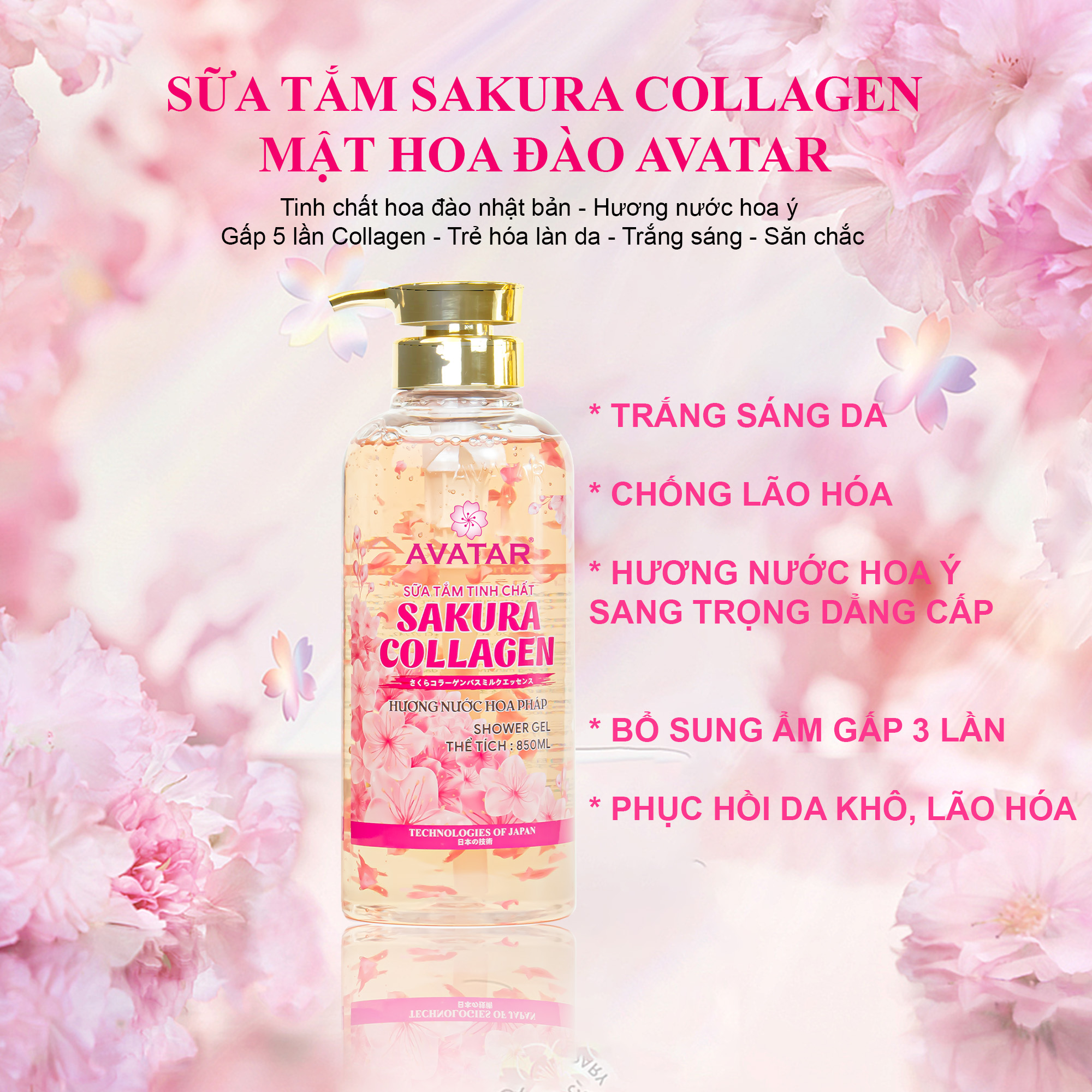 Sữa Tắm Avatar Tinh Chất Sakura Collagen Hương Nước Hoa Pháp Phục Hồi Da Khô, Chống Lão Hóa 850ml