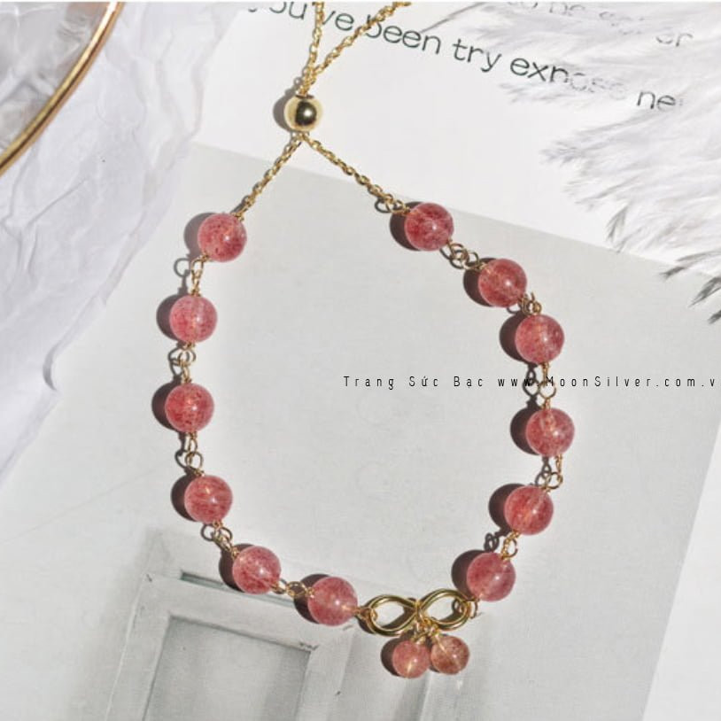 Lắc tay bạc mix vòng đá thạch anh dâu tây tự nhiên