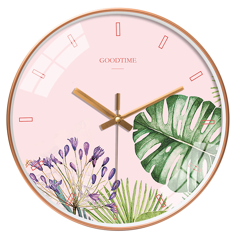 Đồng hồ treo tường tròn Goodtime nền hồng lá cây nhiệt đới