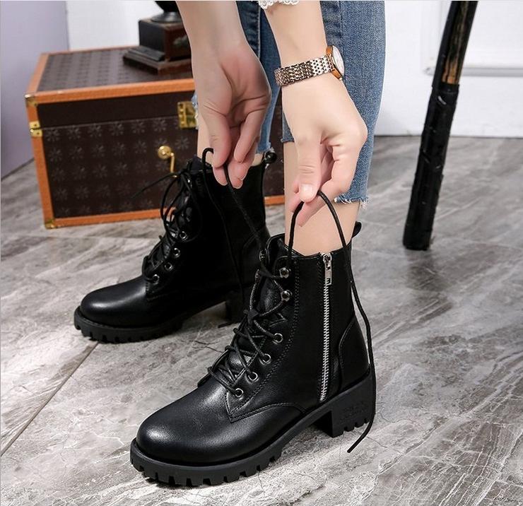 Giày boot nữ đế vuông cá tính cao 5cm khóa kéo kết hợp cột dây cá tính B145