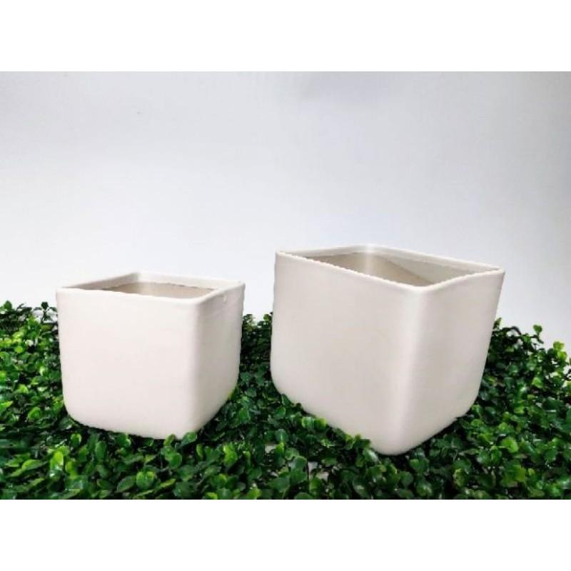 Chậu sứ hình vuông màu trắng hiện đại, độc đáo, men lạnh trơn, trồng cây phong thủy, cây để bàn siêu sang