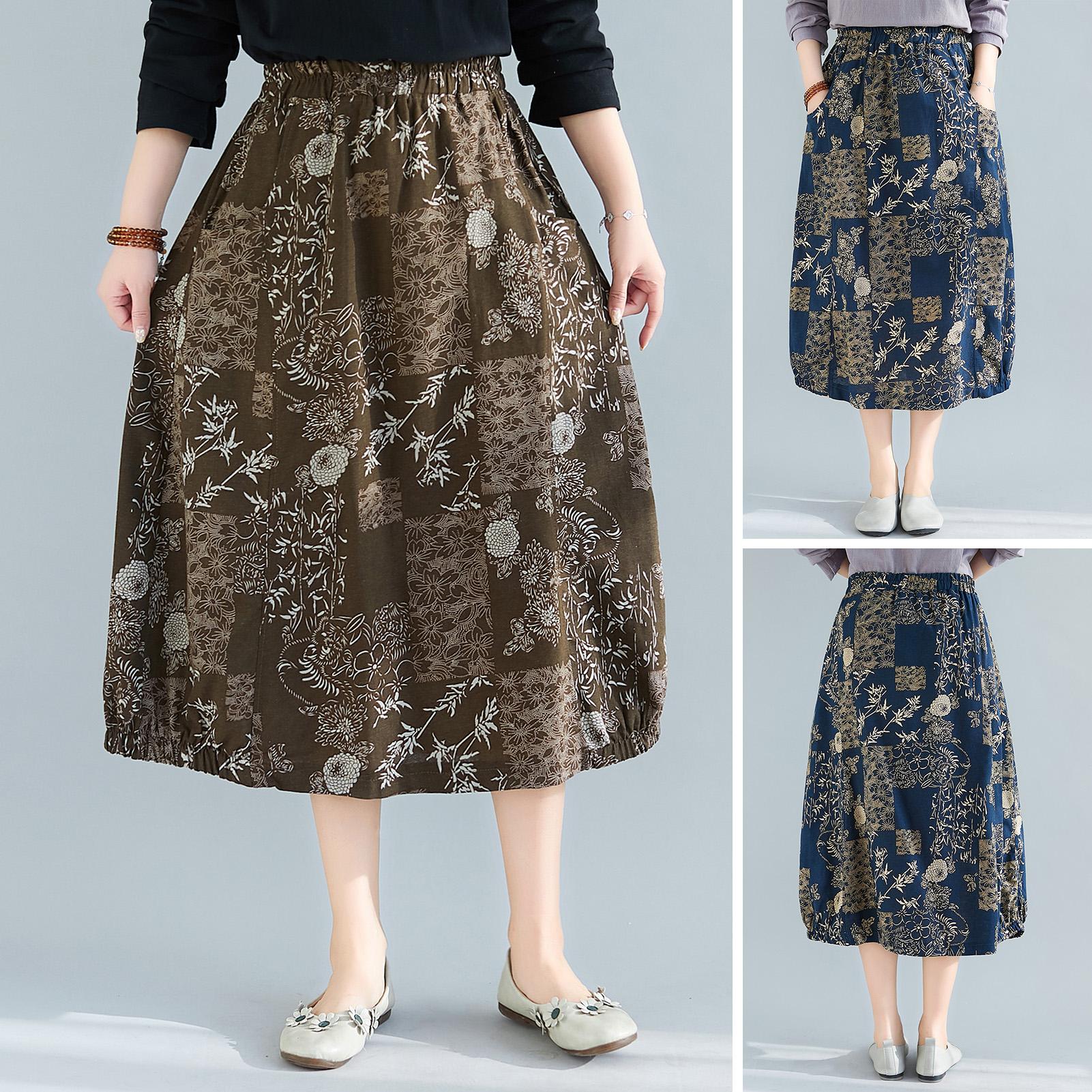 Women Vintage Skirt Linen Fabric Elastic Waist Pockets Loose Fit Midi Skirt Plus Size Casual Dress
