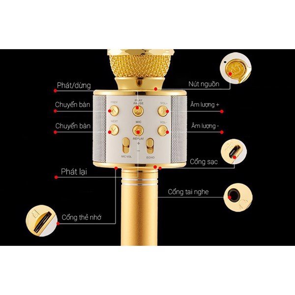 Micro Karaoke Không Dây Tích Hợp Loa Bluetooth WS 858 - Thiết Kế Độc Đáo, Bắt Tiếng Cực Nhạy, Âm Loa Chất Lượng, Hỗ Trợ Nghe Qua Thẻ Nhớ, Tai Nghe