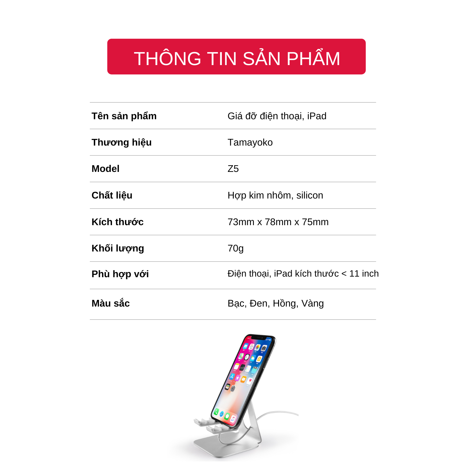 Giá Đỡ Để Bàn Điện Thoại Di Động, Máy Tính Bảng Chất Liệu Hợp Kim Nhôm Cao Cấp Điều Chỉnh Được Góc Nhìn Model Z5- Hàng Chính Hãng Tamayoko