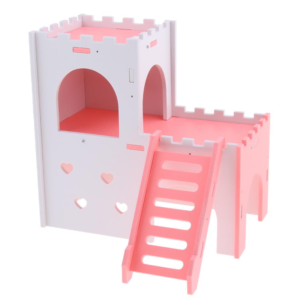 Hamster Hideout House Cabin Cages Wooden Villa Hut Play Toy Pink