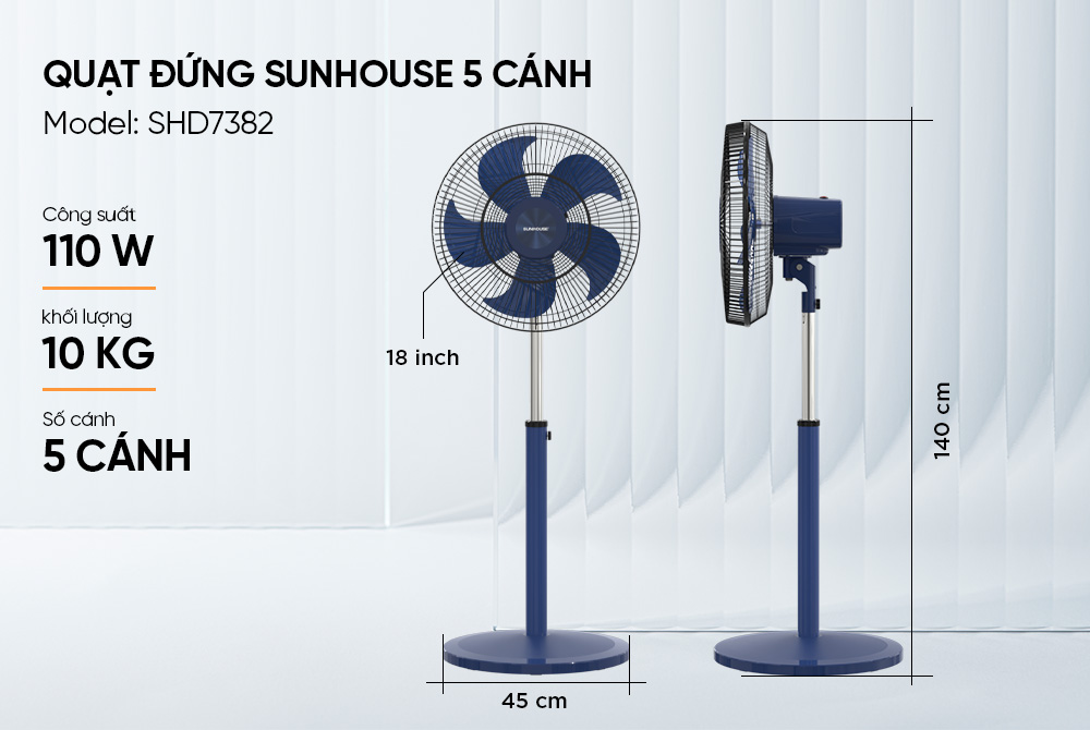 Quạt đứng Sunhouse 5 cánh 110W SHD-7382, động cơ đồng nguyên chất, vận hành êm ái, không tiếng ồn, Hàng chính hãng