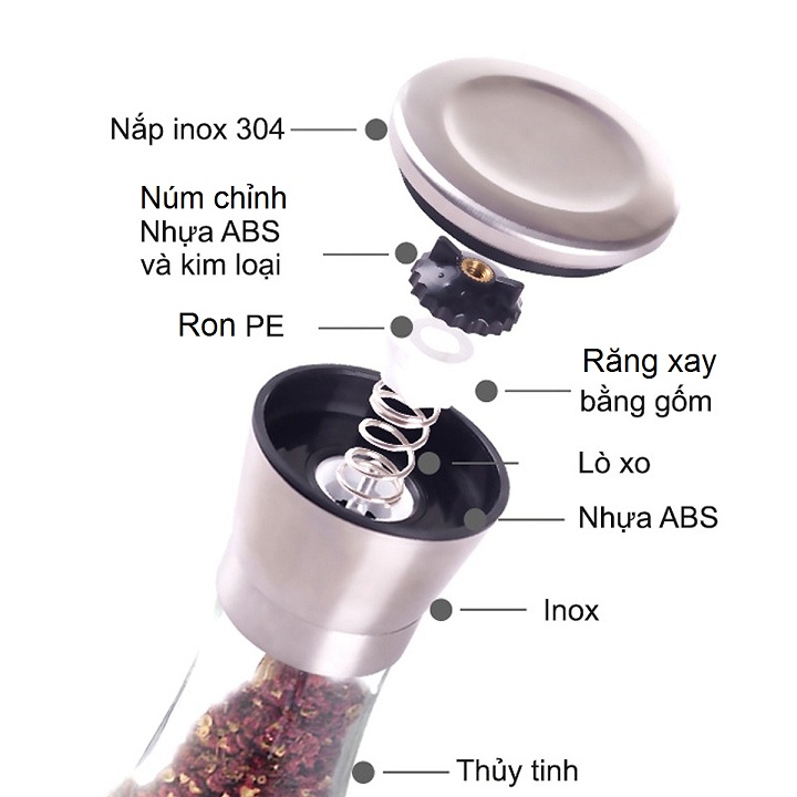 Lọ Xay Tiêu - Dụng Cụ Xay Gia Vị Cầm Tay Thân Dài Inox 304 Cao Cấp