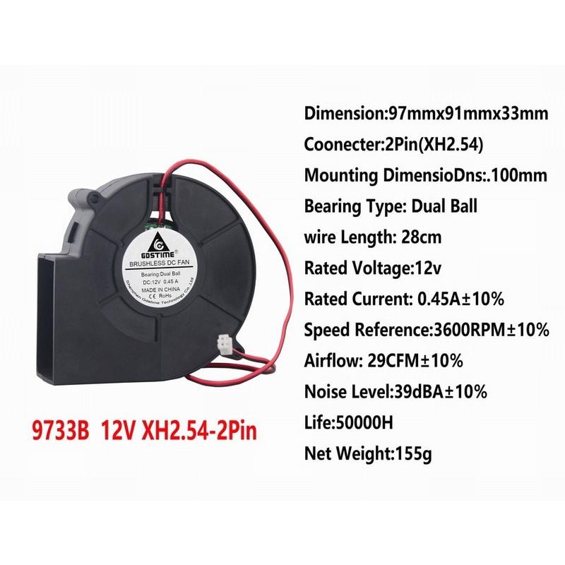 1 Pieces Gdstime 11V 97x33mm 9733 Ball Bearing DC Brushless Blower Cooler Cooling Fan 97mm x 33mm 9cm