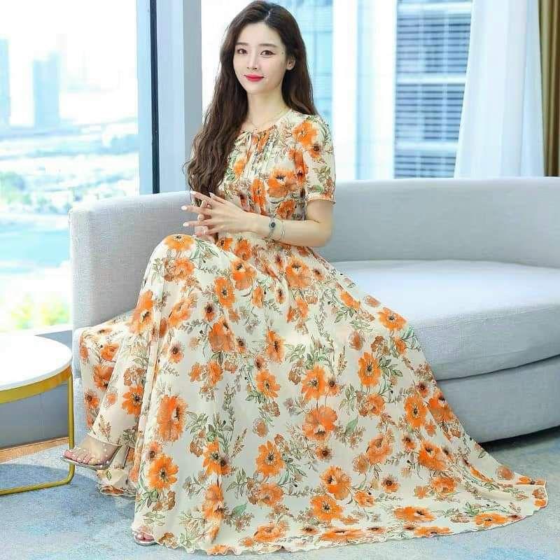 HÀNG NHẬP - ĐẦM MAXI VOAN HOA MÀU CAM