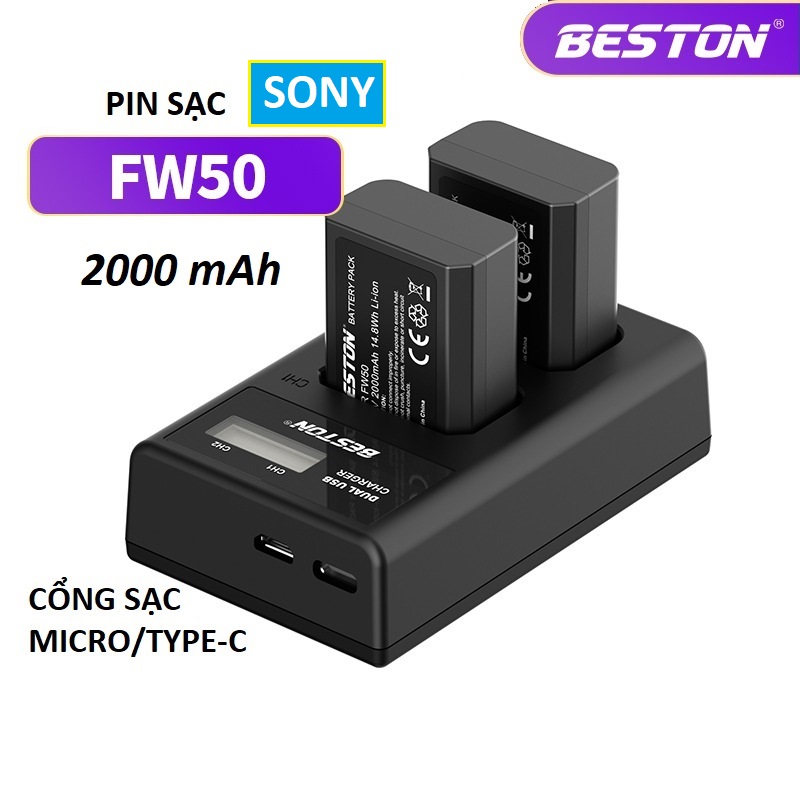 Bộ Pin NP-FW50 2000mAh + Sạc Beston Dùng Cho Máy Ảnh Sony a6100 a6300 a6500 a7m2 r2 s2 a5100 NEX-C3 NEX-C7 a33 a37 a55 - Hàng nhập khẩu