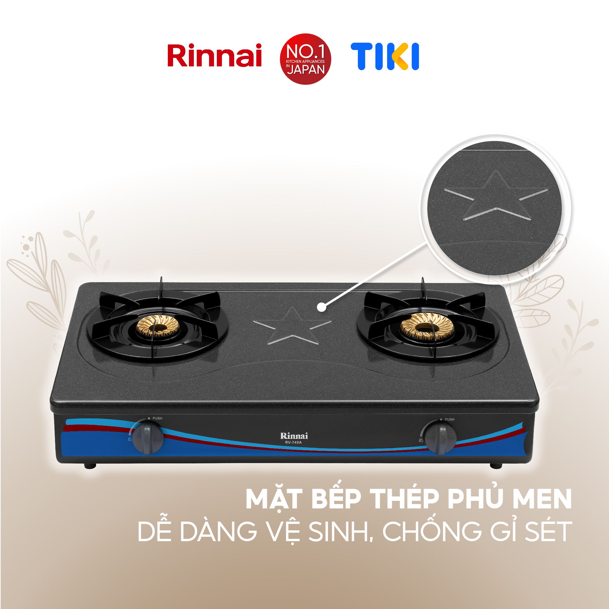 Bếp gas dương Rinnai RV-740A(GF) mặt bếp men và kiềng bếp men - Hàng chính hãng