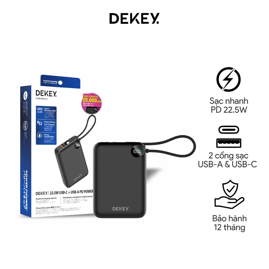 Pin Dự Phòng 20.000mAh 22.5W USB-C PD Power Bank DEKEY Power Pioneer kèm cáp sạc, chính hãng Dekey Japan_ Hàng chính hãng