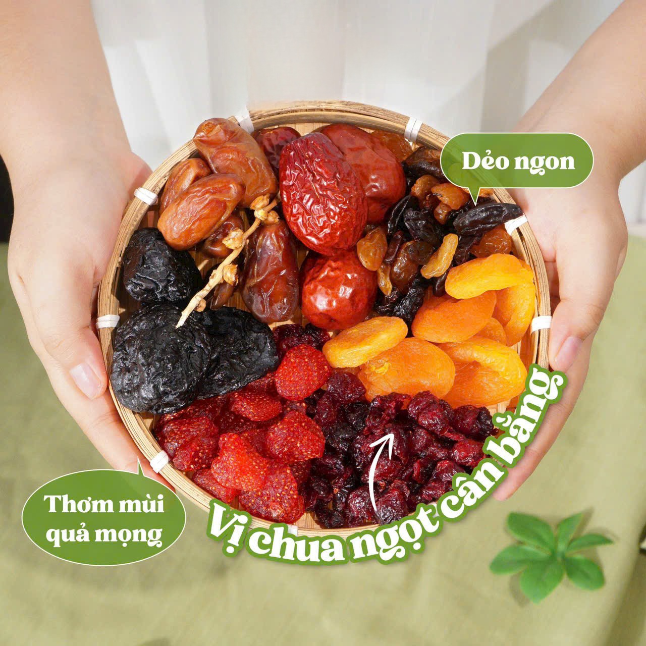 Mix 7 Loại Trái Cây Sấy  Táo đỏ, Chà là nguyên cành, Nho khô, Dâu Tây, Nam Việt Quất, Mơ sấy, Mận khô  – hộp 500gr