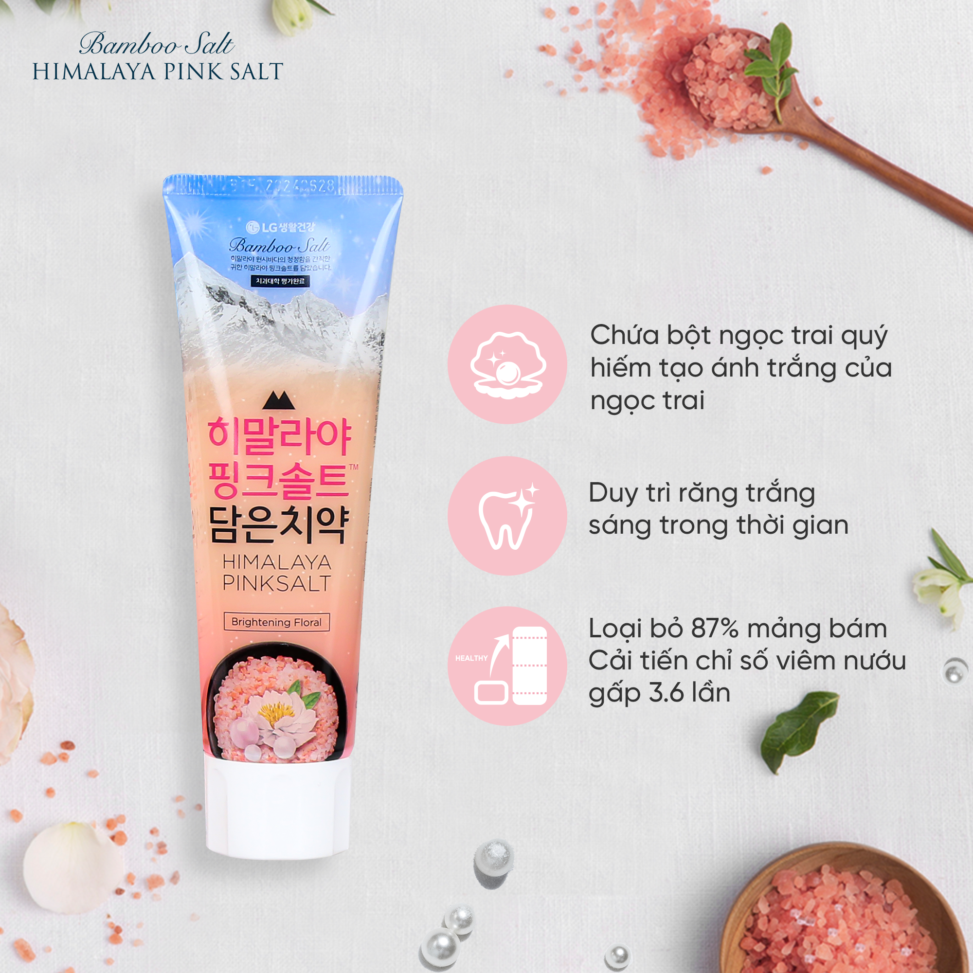 Kem Đánh Răng Muối Hồng Sáng Răng Himalaya Pink Salt Brightening Floral Pumping Toothpaste 285g