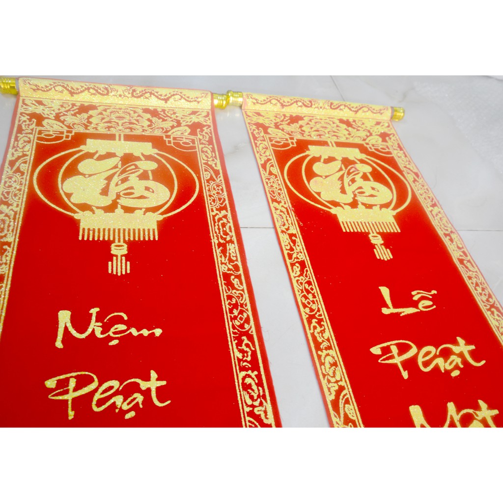 Cặp liễn nhung câu đối đỏ trang trí-Niệm Phật một câu phước sanh vô lượng-khổ 30x106 cm