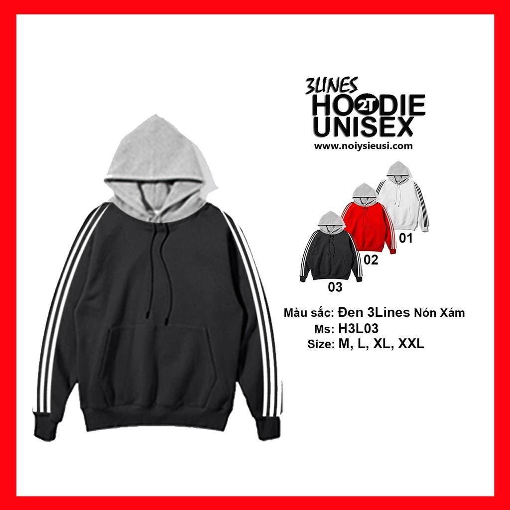 Áo Hoodie 3Lines nón xám unisex 2T Store H3L03 màu đen khoác nỉ chui đầu 3 sọc nón may 2 lớp dày dặn chất lượng