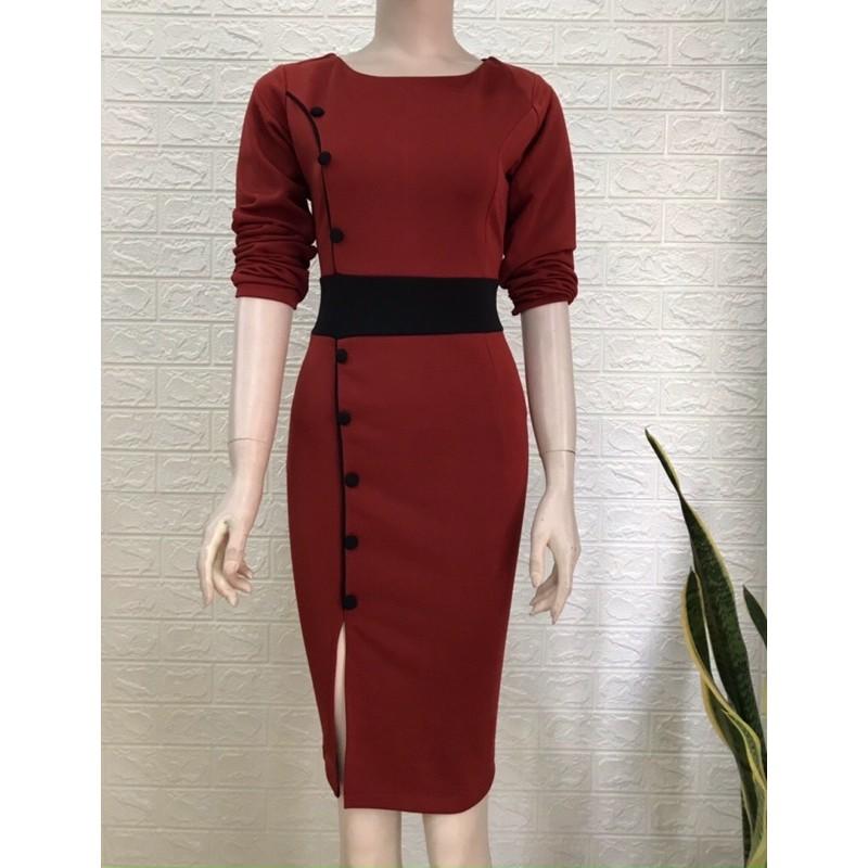 ĐẦM ÔM ĐỎ TAY DÀI NÚT BỌC