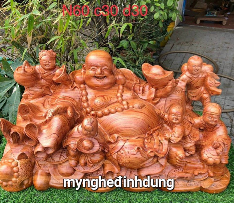 TƯỢNG PHẬT DI LẶC NGŨ PHÚC GỖ HƯƠNG ĐÁ KT 60×30×30CM