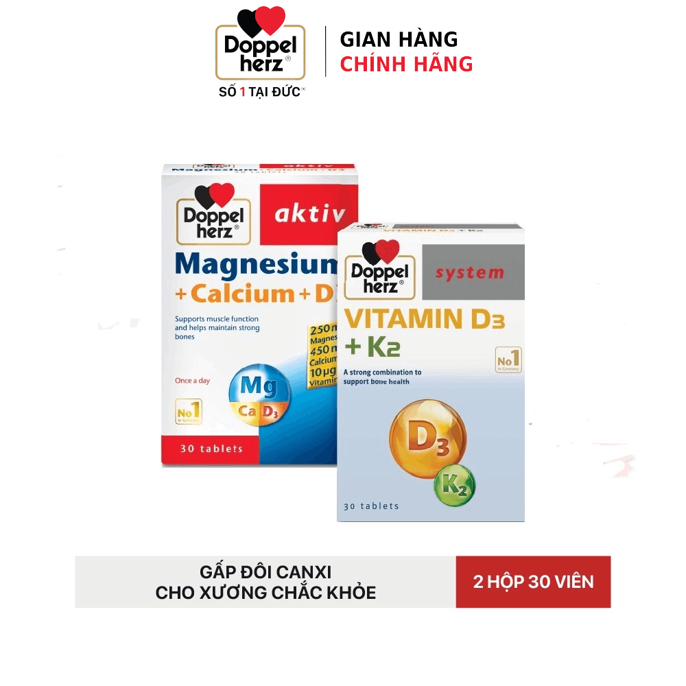 Bộ đôi bổ sung Canxi tối ưu, ngừa loãng xương Magnesium Canxi D3 và Vitamin K2 D3 Doppelherz