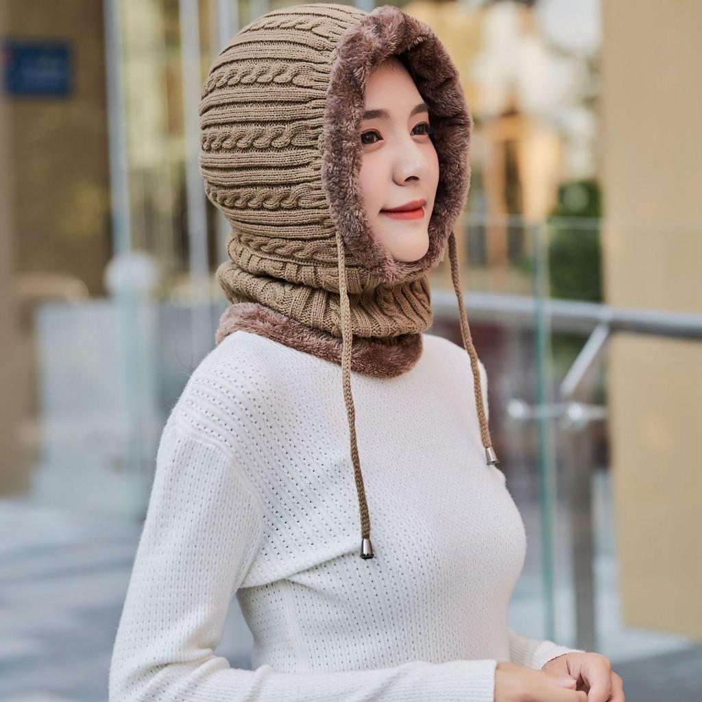 Mũ len lót lông trùm cổ siêu ấm mùa đông rét đậm thích hợp cả nam và nữ - Mu len lot long trum co