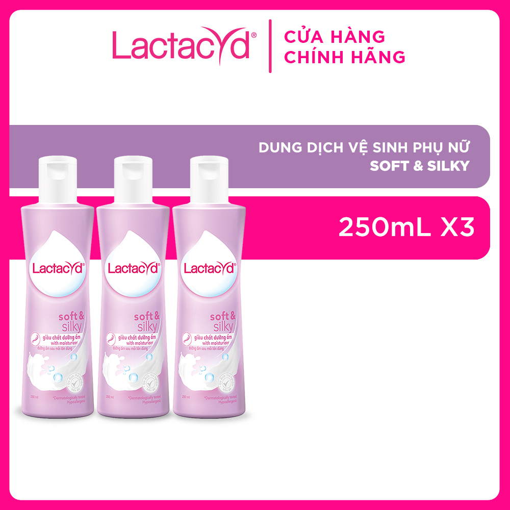 Bộ 3 chai Dung Dịch Vệ Sinh Phụ Nữ Lactacyd Lactacyd Soft &amp; Silky Dưỡng Ẩm 250ml/chai