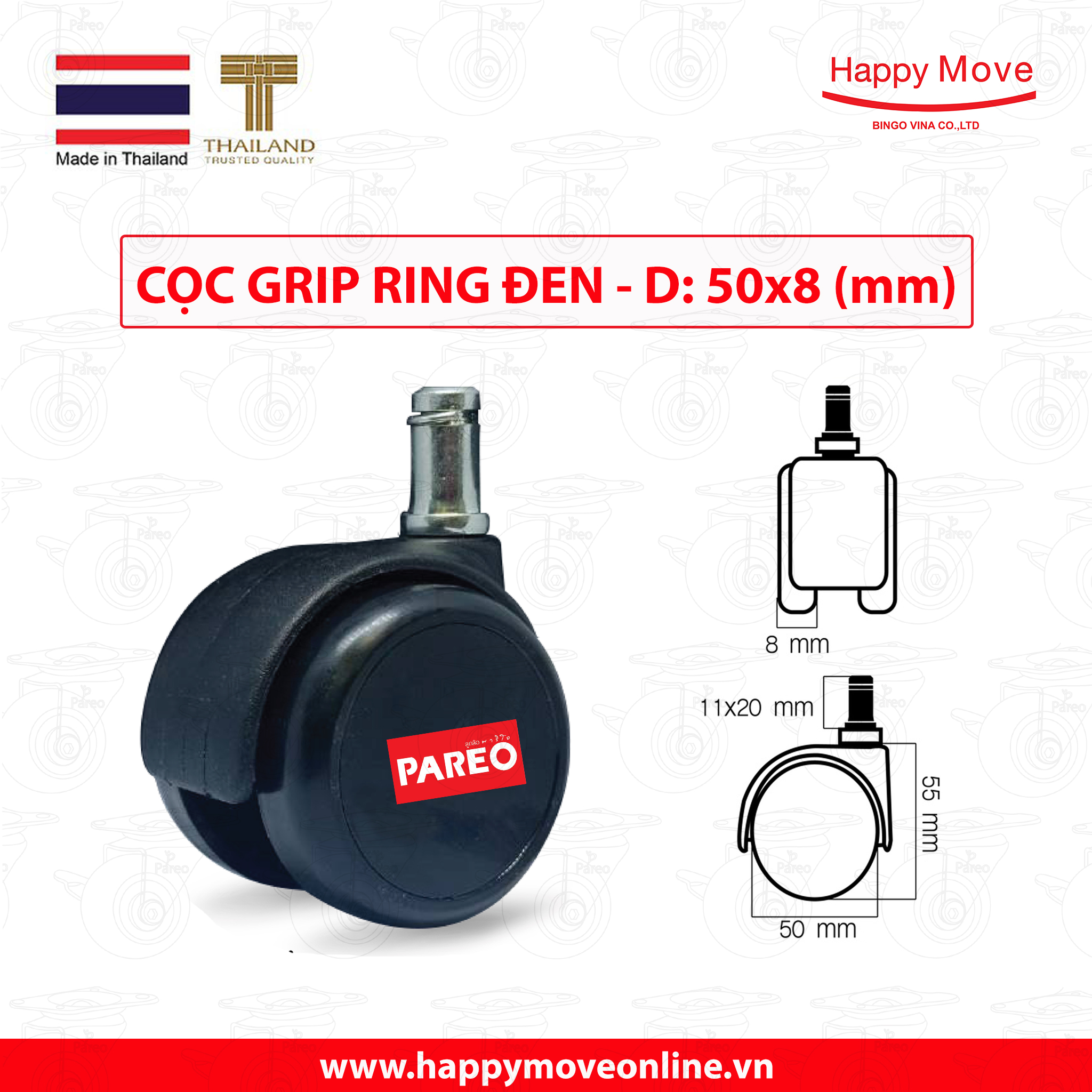 Bộ 5 bánh xe cọc vít trơn 50mm cho ghế/bàn xoay văn phòng nội thất - tải 40kg - màu đen - Happy Mobe Thái Lan