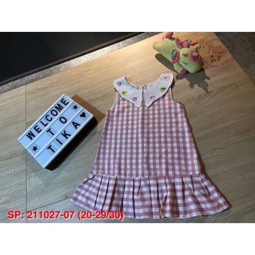 Đầm ca rô hồng cổ lá sen cho bé gái