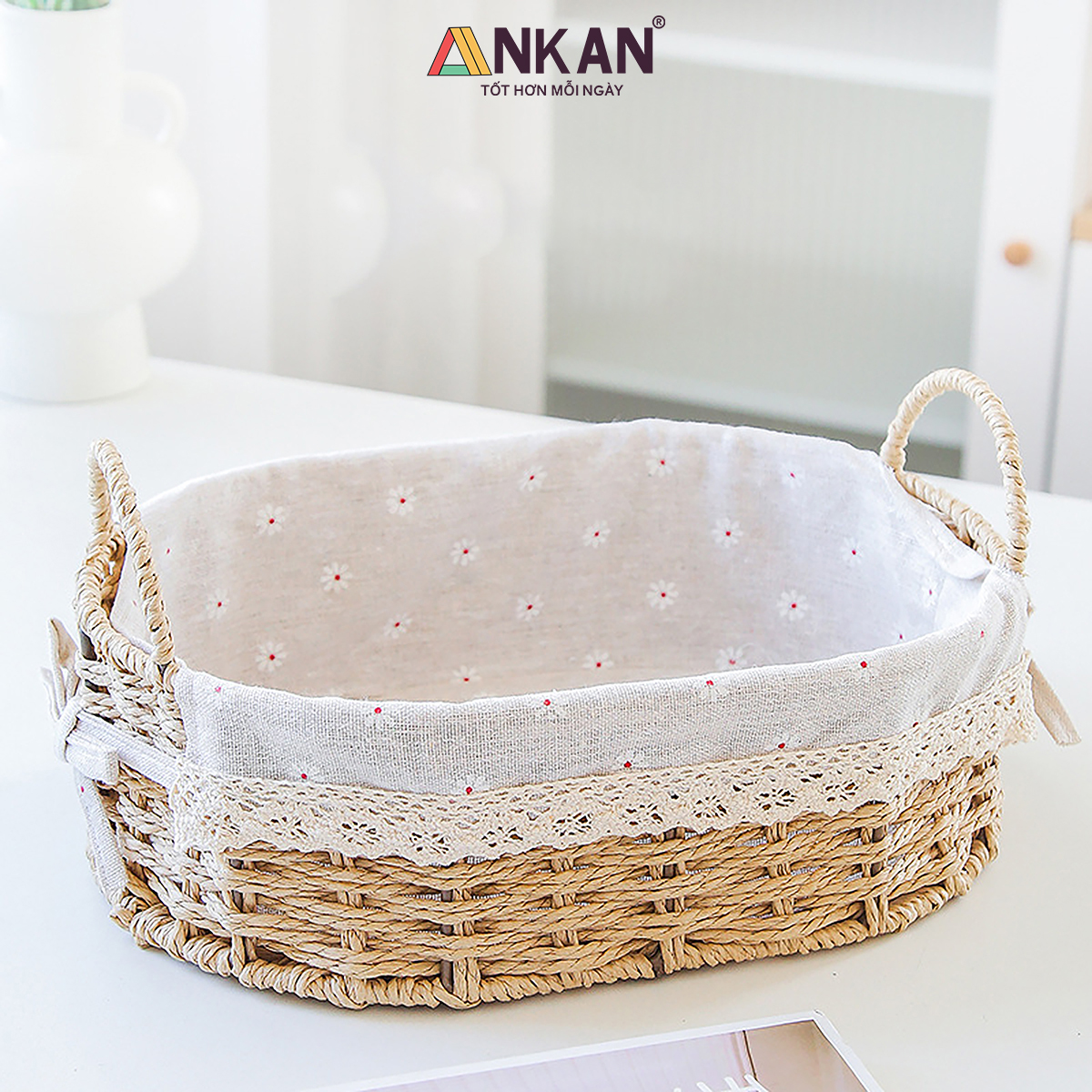 Giỏ Đựng Đồ Ăn Vặt Có Quai Hình Bầu Dục Lót Vải Hoa – Sợi Giấy Cán Mỏng Nhẹ Bền, Dễ Vệ Sinh