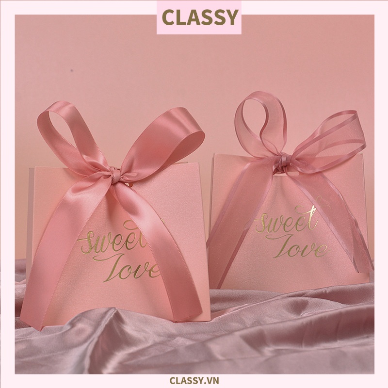 Túi giấy Classy đính nơ cao cấp Classy màu hồng, hộp đựng trang sức nhẫn, dây chuyền bằng nhung Q1348