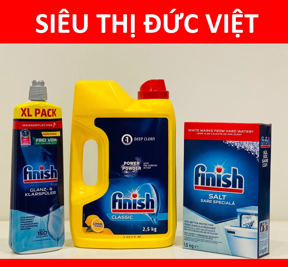 Combo Bột rửa bát Finish Classic 2.5kg + Muối 1.2kg + Nước làm bóng Finish 750ml nhập khẩu từ châu âu dùng cho máy rửa chén bán ly