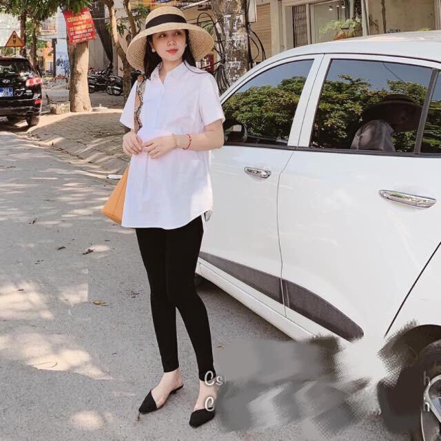 Áo sơ mi bầu công sở áo sơ mi trắng bầu măc kết hợp yếm bầu