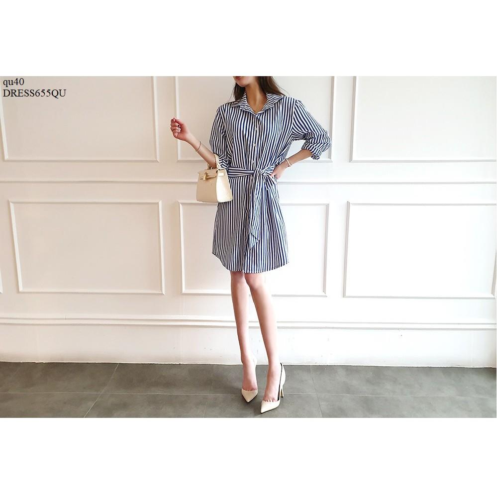 DRESS546 ĐẦM SỌC SƠ MI THẮT EO
