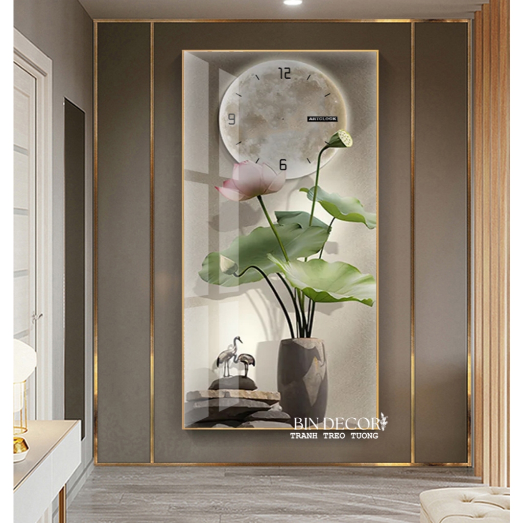Tranh đồng hồ tráng gương bình hoa sen hồng trang trí decor quà tặng tân gia