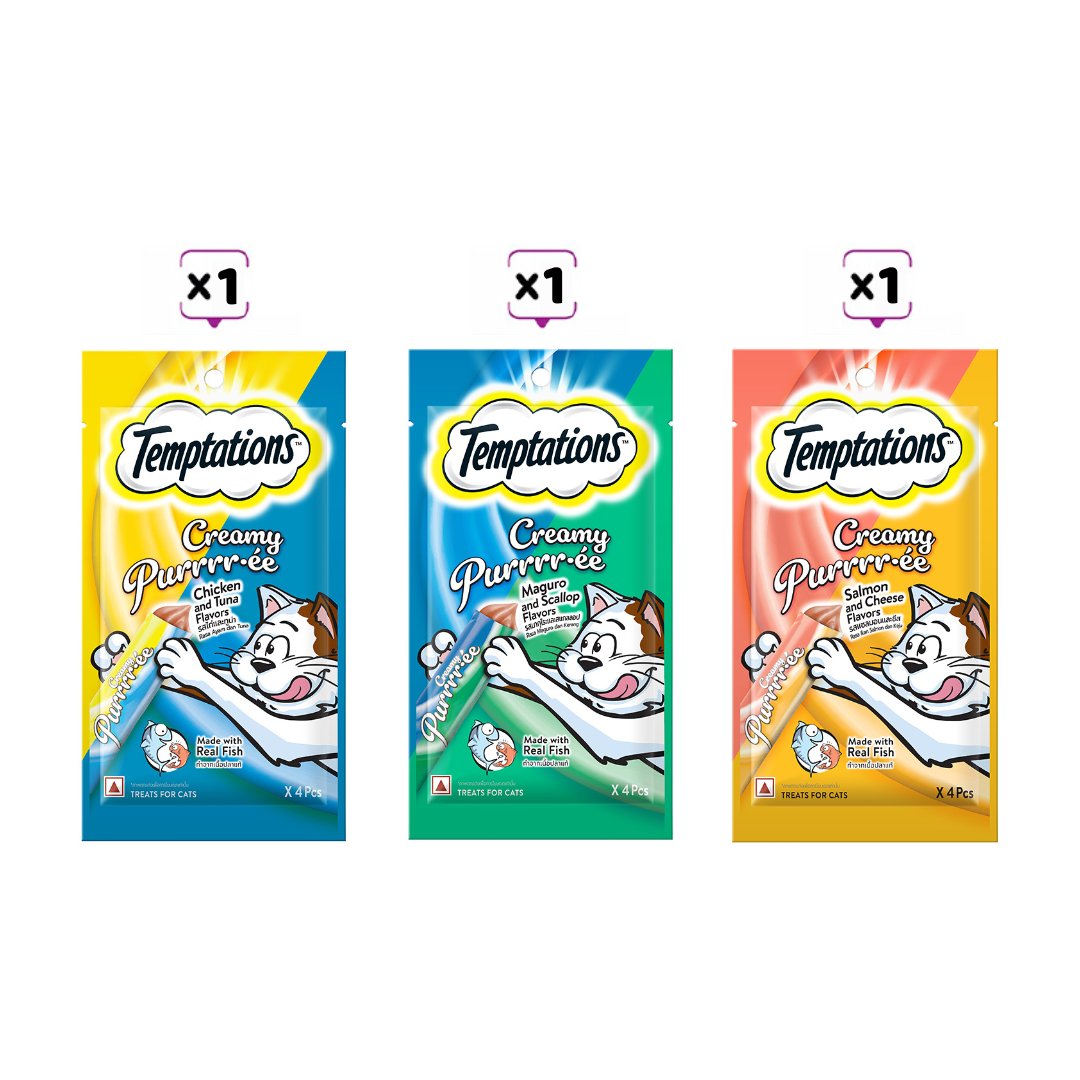 TEMPTATIONS Sốt thưởng - Creamy Purrrr-ée cho mèo lớn mix 3 vị 48g. Sốt thưởng làm từ thịt cá thật