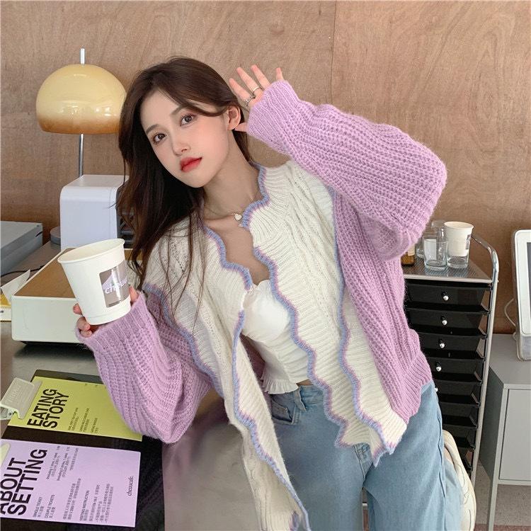 Cardigan Len | Áo Khoác Cardigan Len Nữ Dệt Kim Dày Dặn Phối Trắng Tím Viền Lượn Sóng Ulzzang Hàn Quốc
