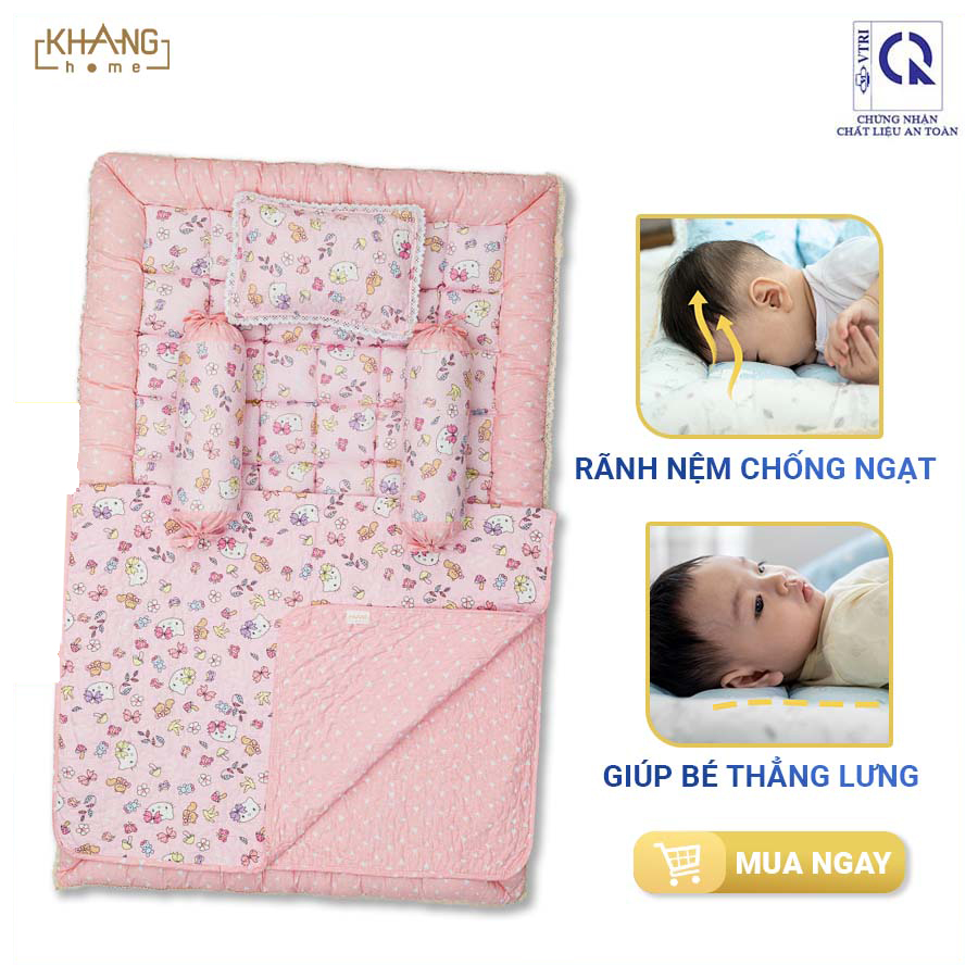 Bộ Nệm Chần Bông Sơ Sinh Khang Home Baby Safety 80x125cm BBS21 - 100% Cotton Thiên Nhiên  - Giúp Bé Ngủ Thẳng Lưng Không Cong Vẹo Cột Sống