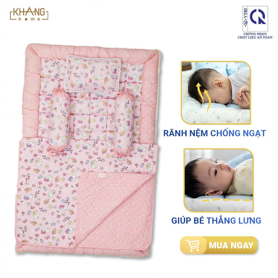 Bộ Nệm Chần Bông Sơ Sinh Khang Home Baby Safety 80x125cm BBS21 - 100% Cotton Thiên Nhiên - Giúp Bé Ngủ Thẳng Lưng Không Cong Vẹo Cột Sống