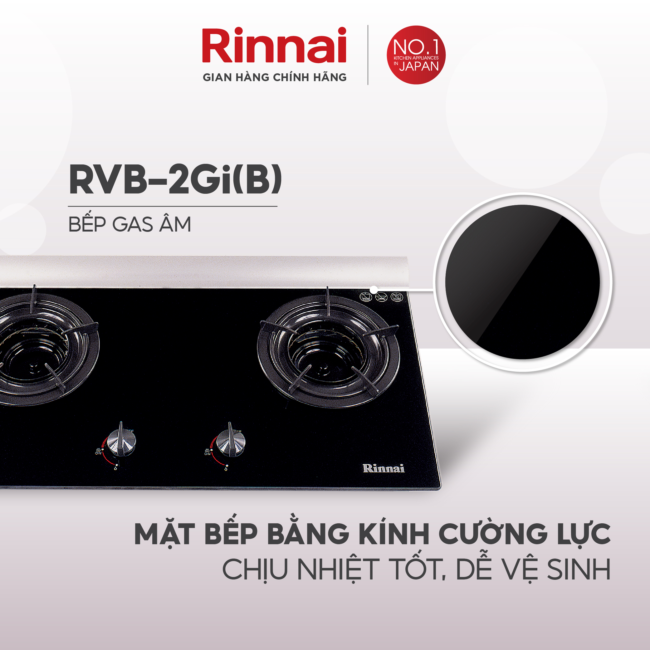 Bếp gas âm đầu đốt trong Rinnai RVB-2Gi mặt bếp kính và kiềng bếp men - Hàng chính hãng