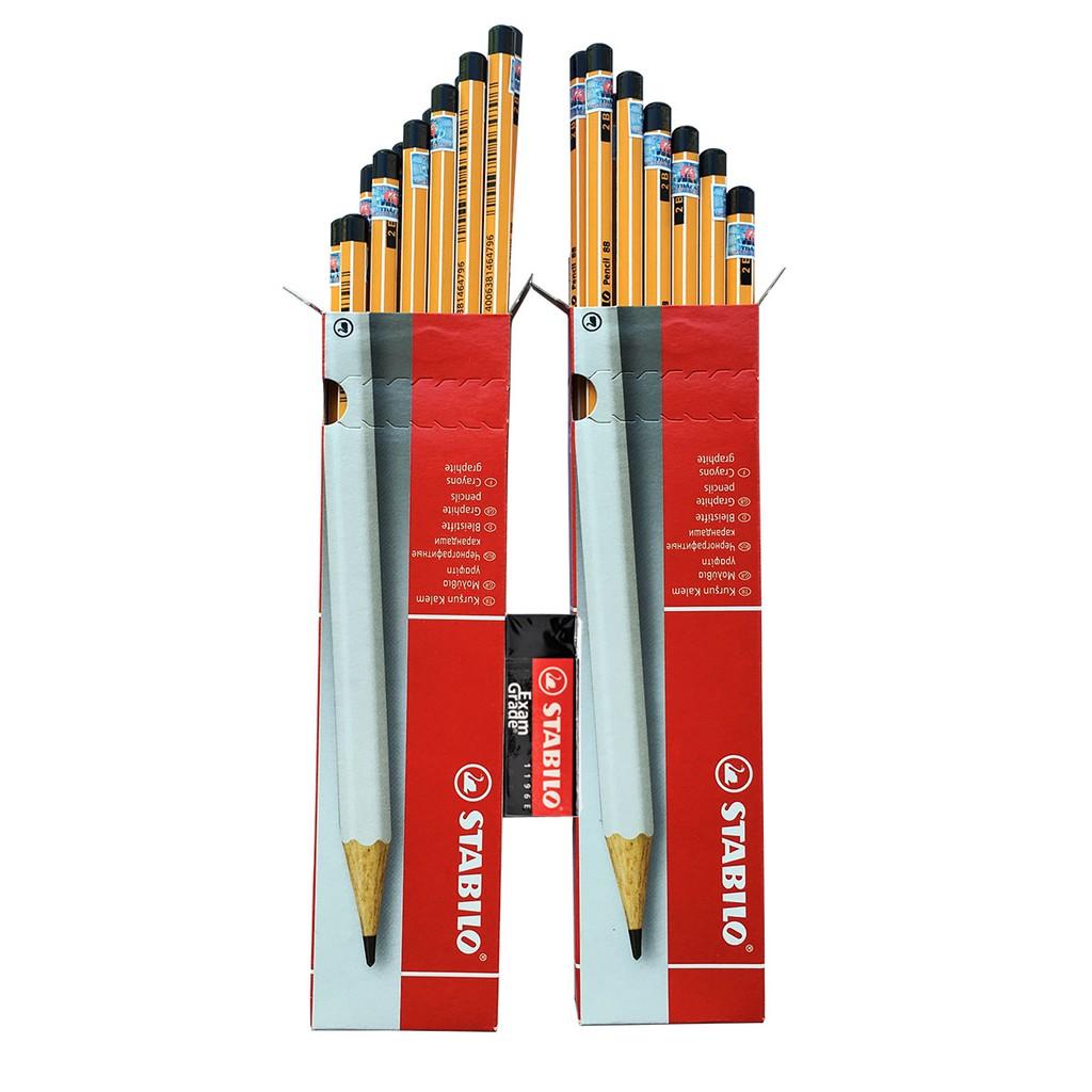 Bộ 24 cây bút chì gỗ STABILO Pencil 88 2B thân bút sọc trắng cam + tẩy ExamGrade ER196E (PC88/24-2BG)