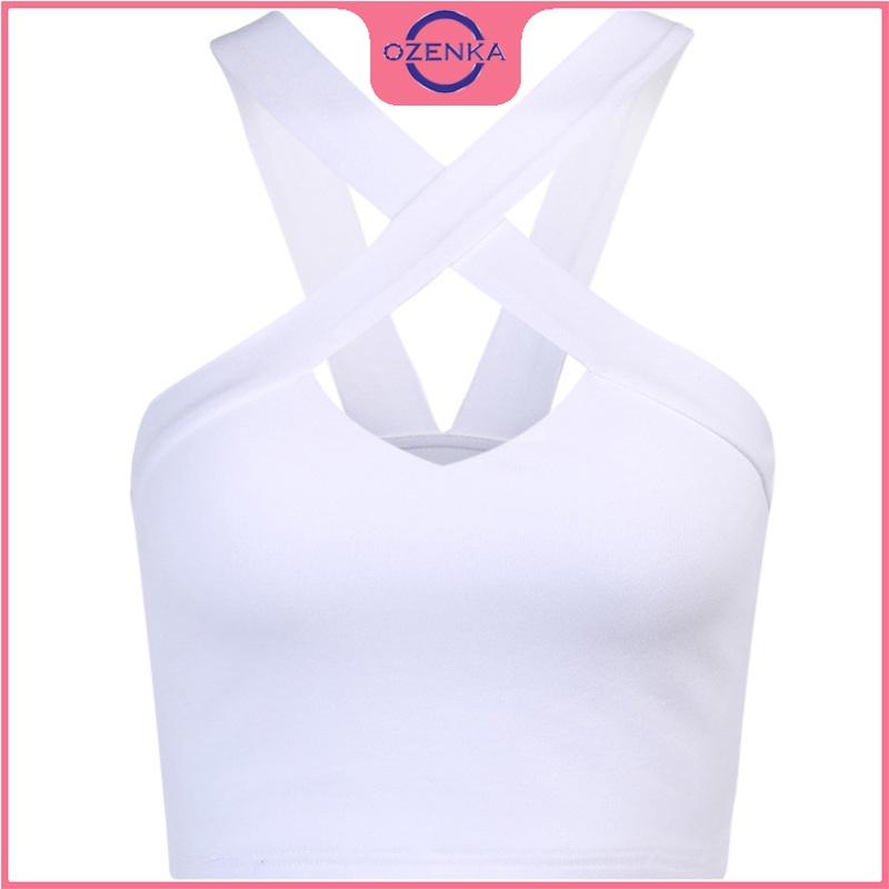 Áo 2 dây chéo croptop nữ, áo sát nách nữ thun gân 100% cotton ôm body gợi cảm màu đen trắng freesize dưới 50 kg