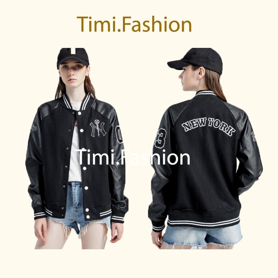 Áo khoác bomber Varsity Jacket thêu họa tiết NI 03 vải nỉ phối da 2 lớp, áo bomber bóng chày unisex nam nữ