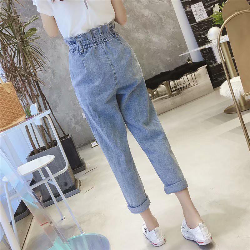 Quần jean dài ống rộng có dây rút thời trang cho nữ