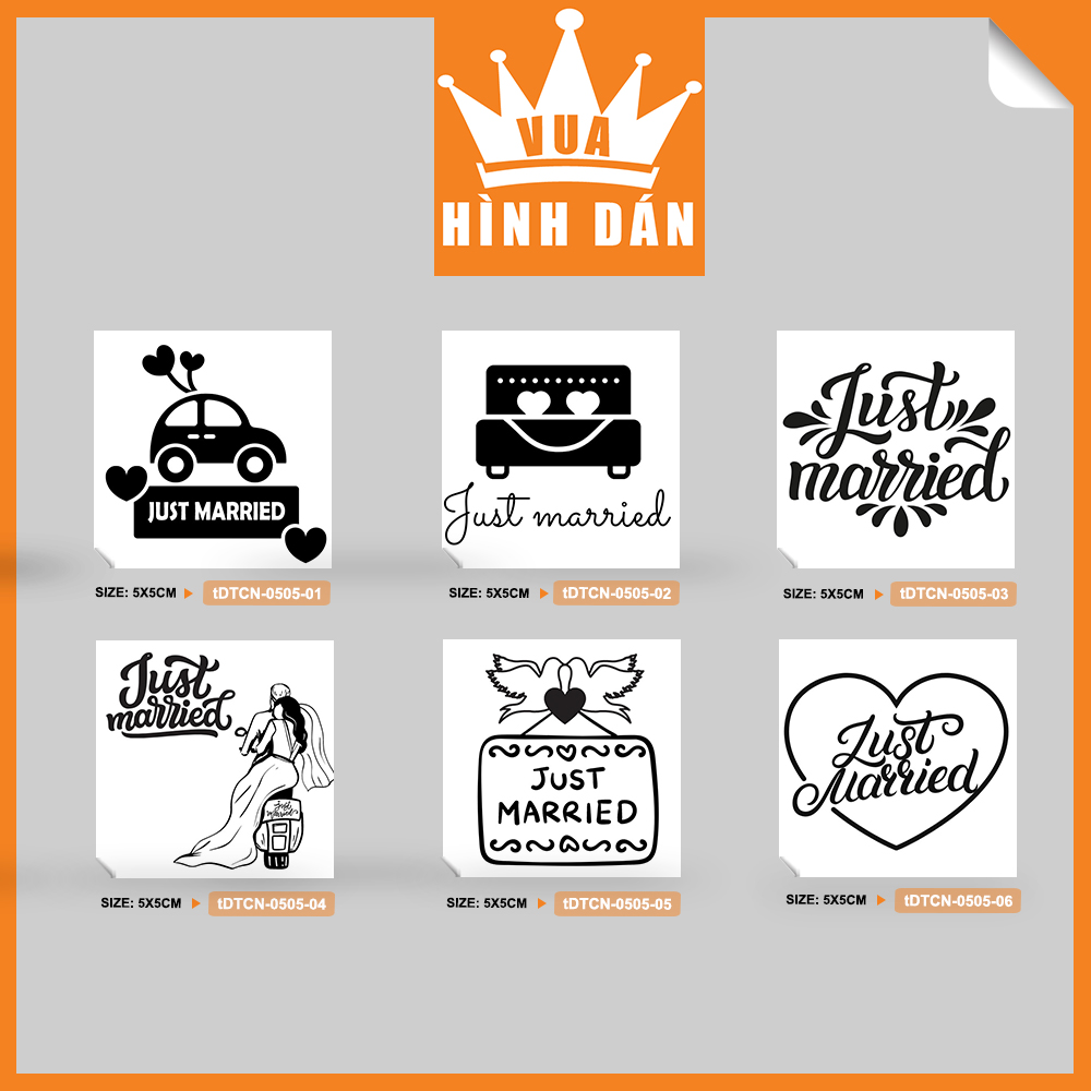 Set 50/100 sticker JUST MARRIED (5x5cm) - tem dán hộp quà, gói hàng, trang trí tiệc cưới (4.008) Vua Hình Dán