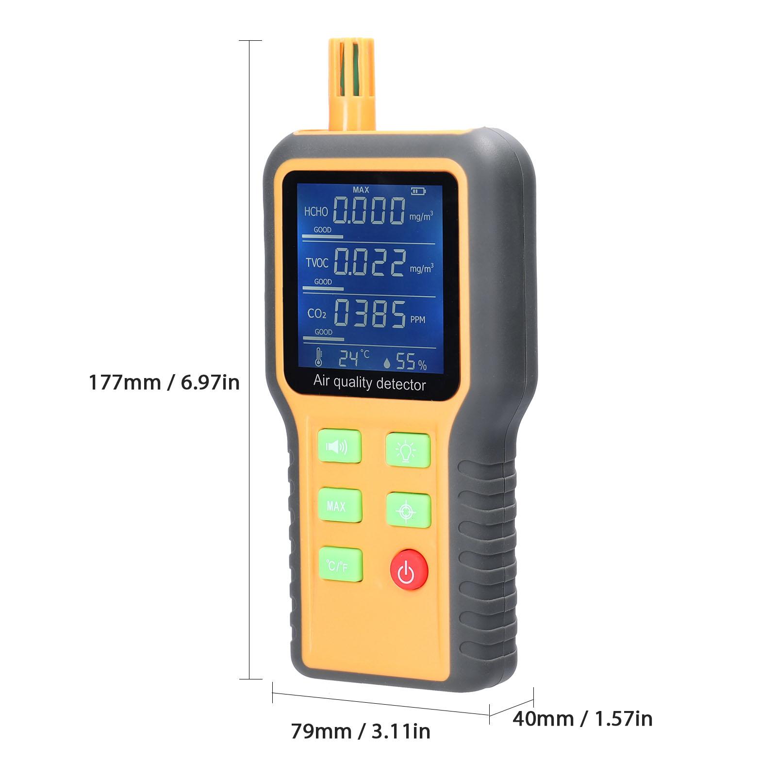 Household Air Quality Detector Multifunctional T/H Sensors CO2 Tester LCD Display with Backlit Carbon Dioxide TVOC HCHO Value Temperature Humidity Detect Self-calibration with Alarm Function