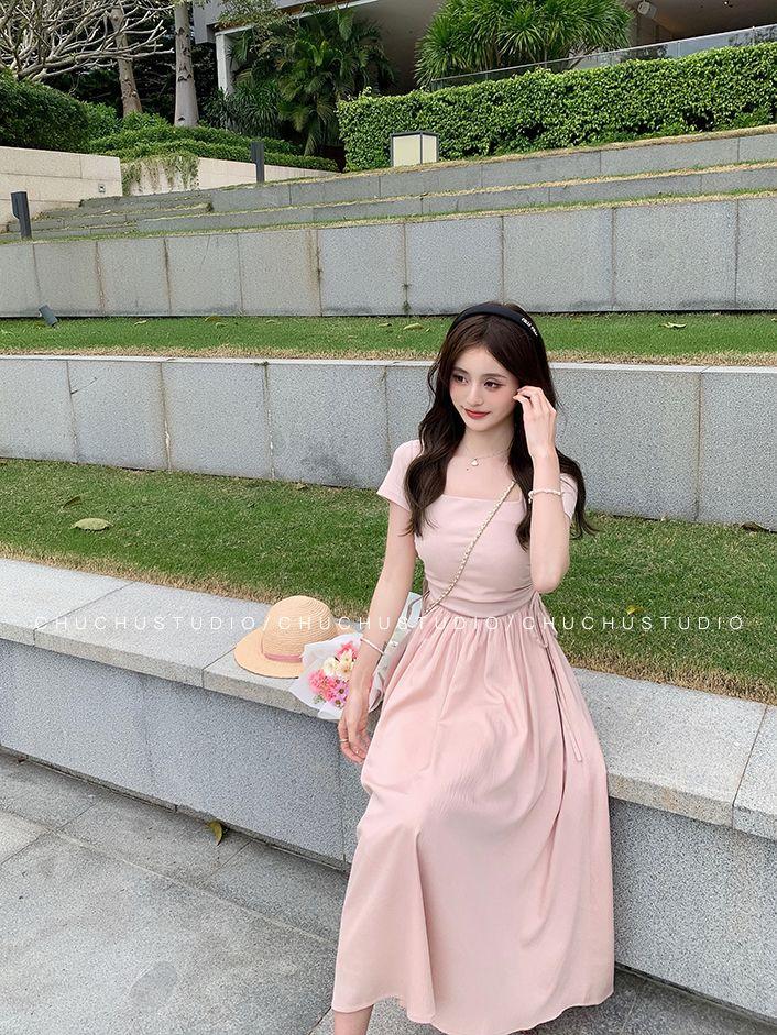 TOBE1SHOP Mùa xuân màu hồng Pháp ăn mặc nữ 2023 khí chất hiển thị gầy váy dài cao cấp Hepburn phong cách váy