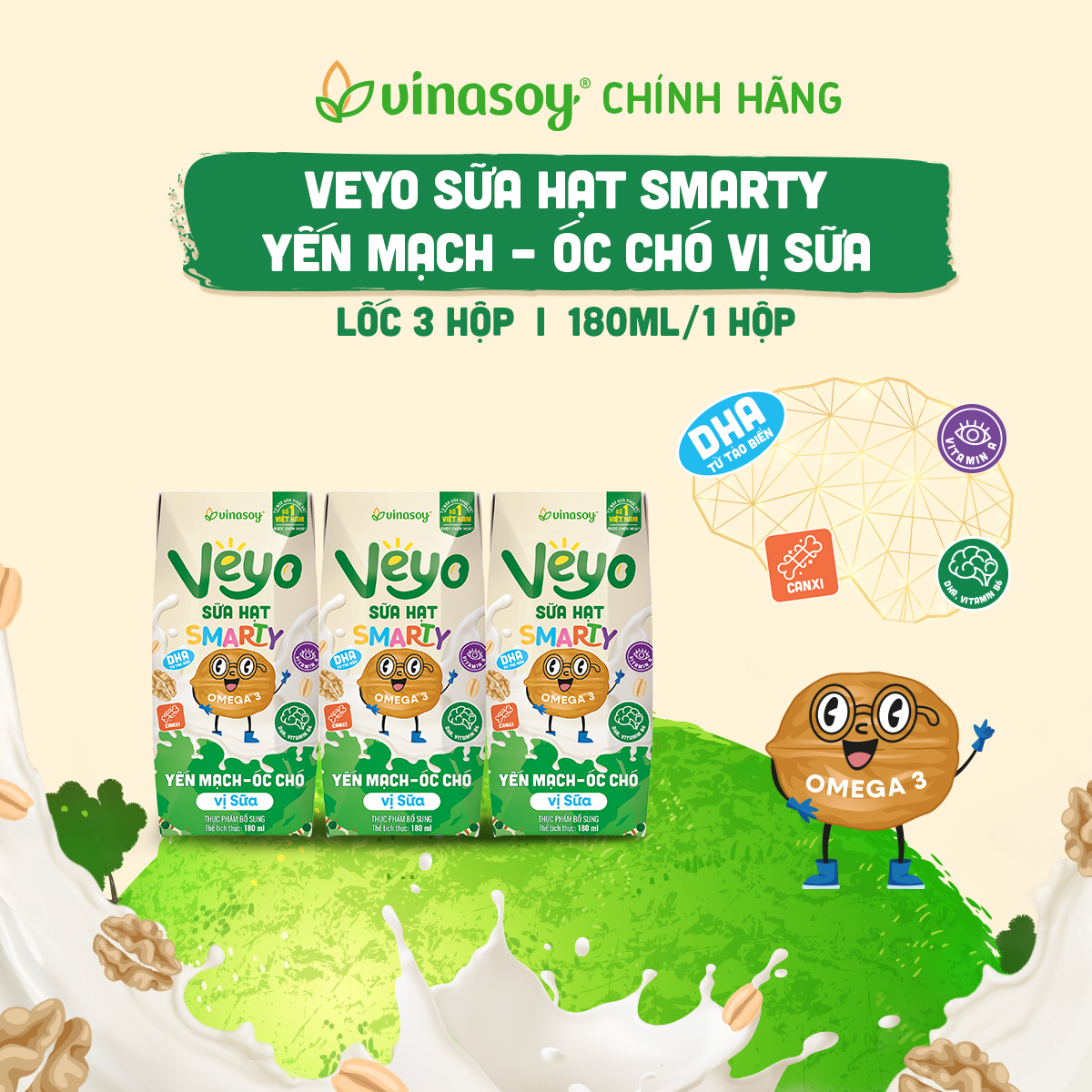 [Quà tặng] Lốc 3 hộp Veyo Sữa hạt SMARTY Yến mạch - Óc chó vị sữa 180ml
